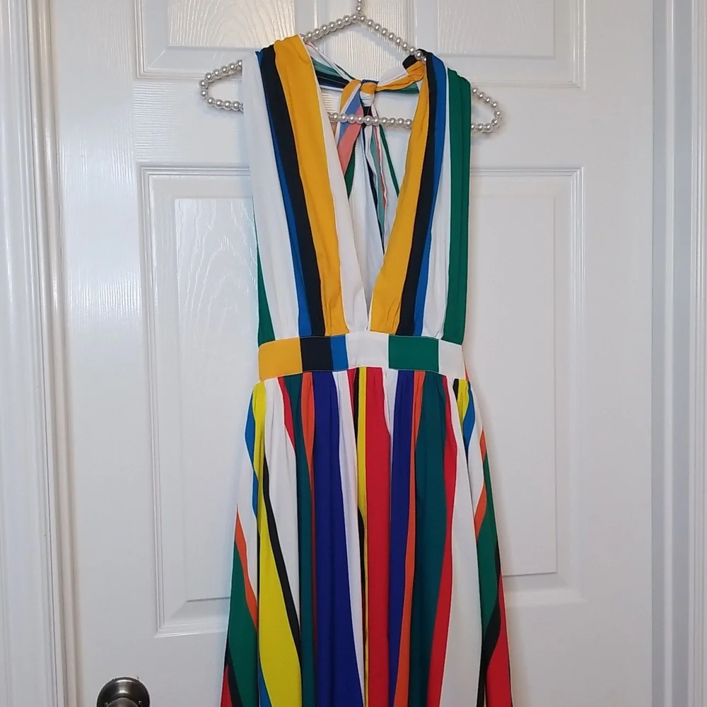 Boston Proper Vertical Backless Striped Halter Top Sleeveless Maxi Dress - Picture 2 of 14